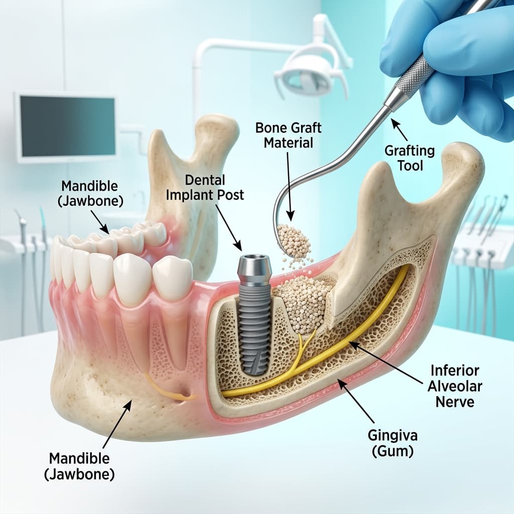Diagram showing how bone graft material is added to support a dental implant post in the jaw
