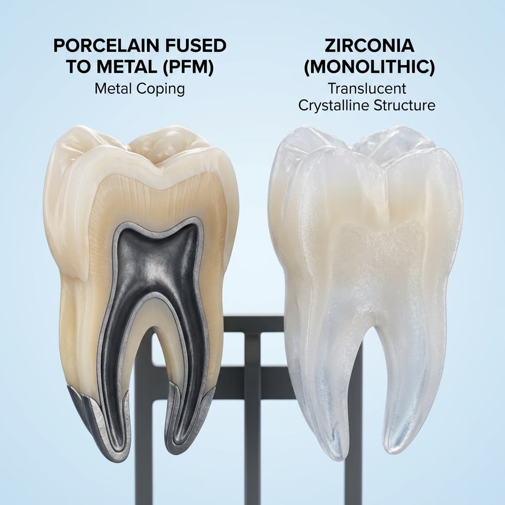 Comparison of a Zirconia crown showing high translucency and a PFM crown showing a metallic inner layer