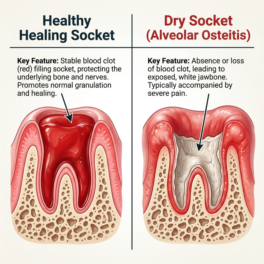 Diagram contrasting a healthy healing socket with a blood clot versus a dry socket with exposed bone