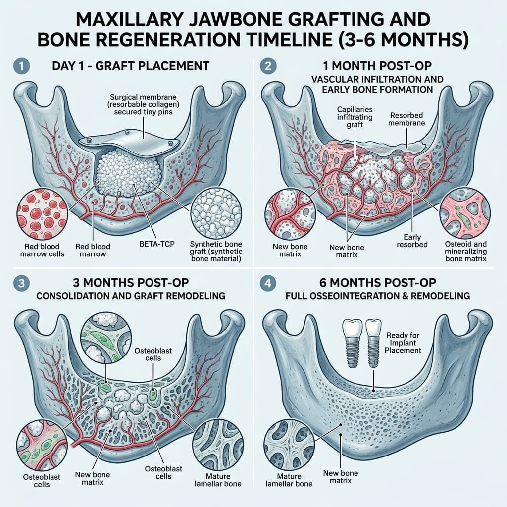 Illustration of the jaw bone healing process after bone graft material integration