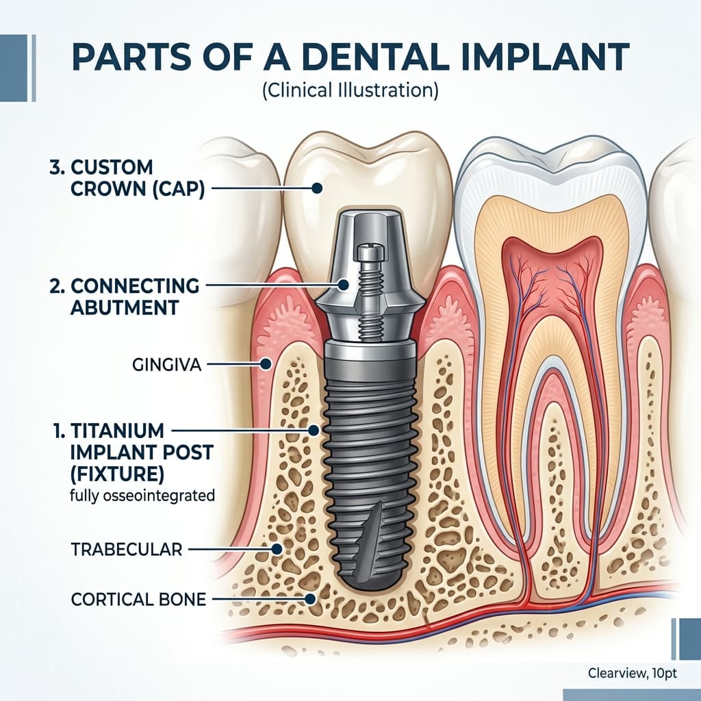 Diagram illustrating the three parts of a dental implant: titanium post, abutment, and custom porcelain crown
