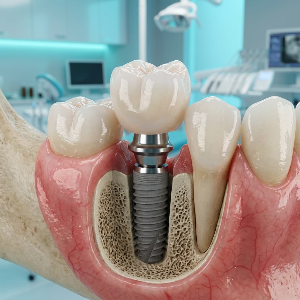 Cross section diagram of a modern titanium dental implant restoring a missing tooth