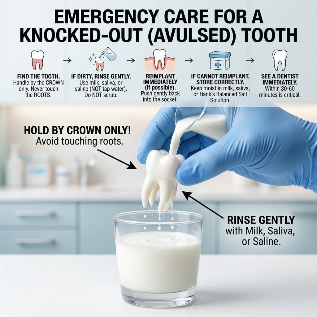 Close up diagram showing the correct way to handle a knocked out tooth by the crown and not the root