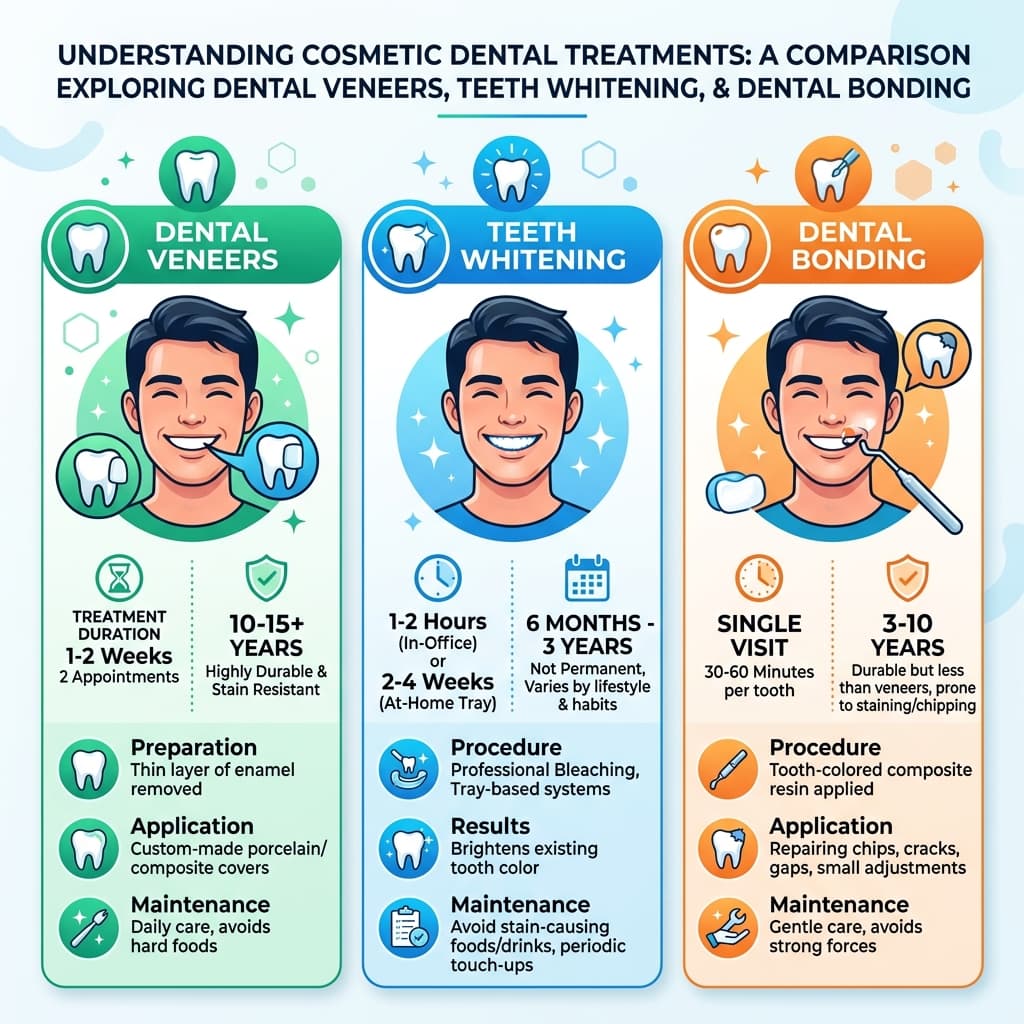 Infographic comparing veneers, whitening, and bonding treatments based on longevity and cost