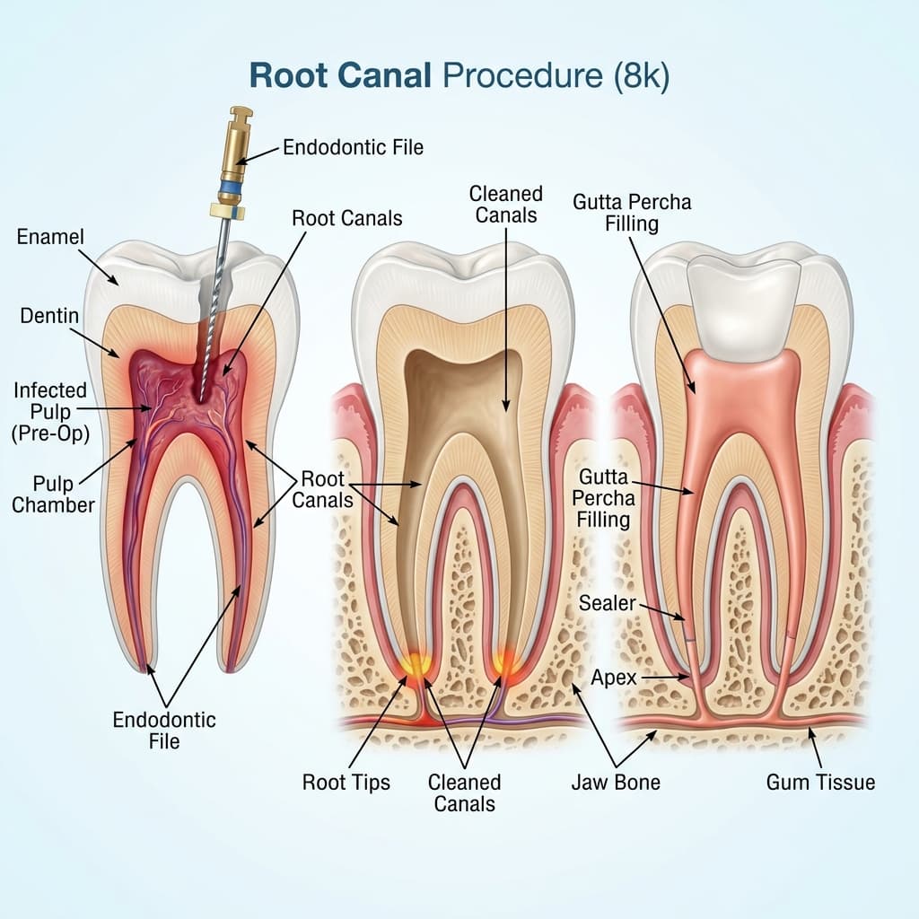 Diagram showing an infected tooth root canal before and after cleaning and filling with gutta-percha