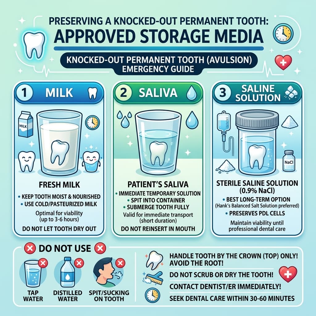 Illustration showing tooth preservation in milk, saliva, or a specialized storage medium