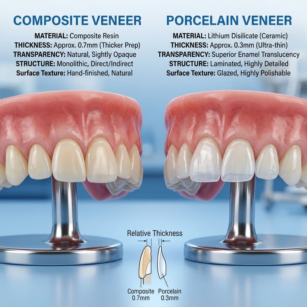 Side-by-side comparison of a composite veneer and a porcelain veneer showing thickness and material differences