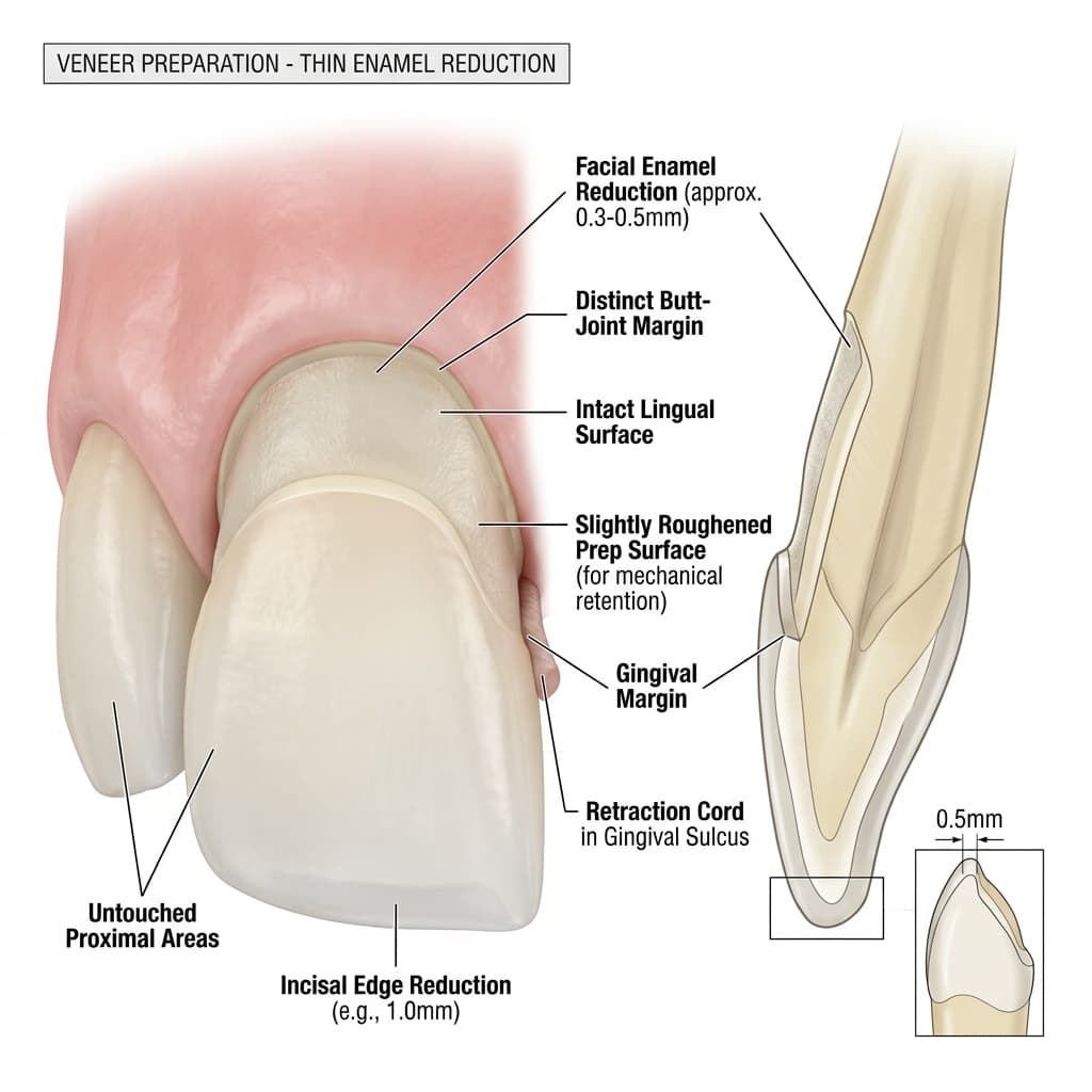 Illustration of the minimal tooth preparation required before bonding a porcelain veneer