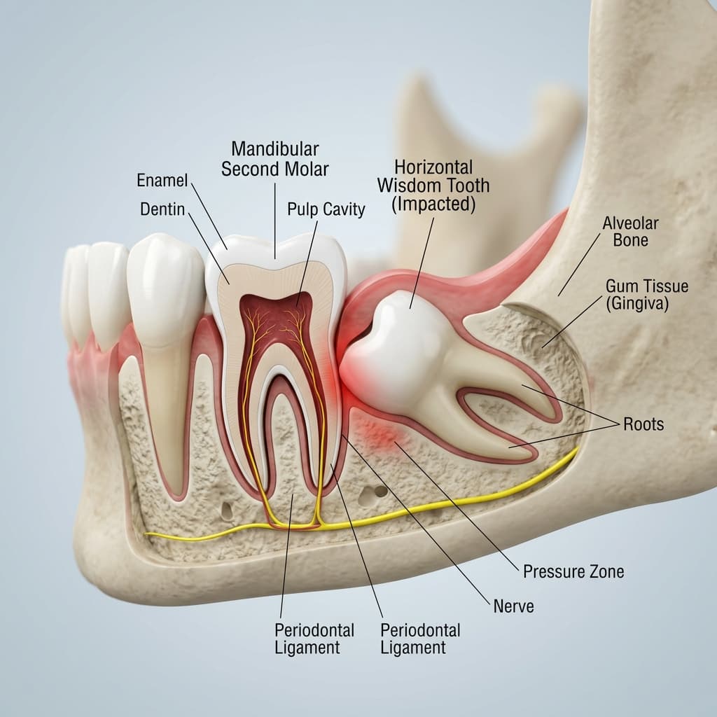 Diagram showing an impacted wisdom tooth pressing against adjacent molars under the gumline