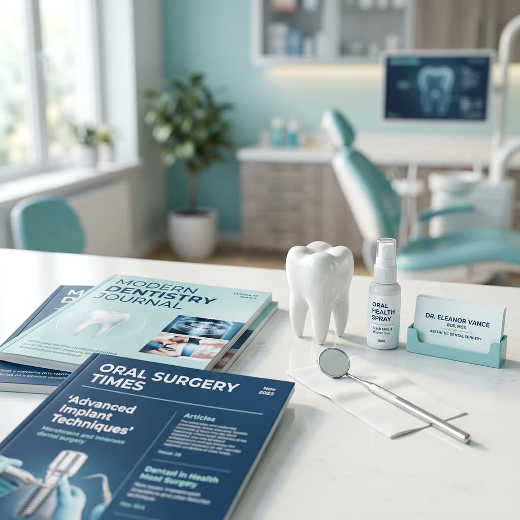 Dental health journals, educational models, and oral hygiene tools on a desk