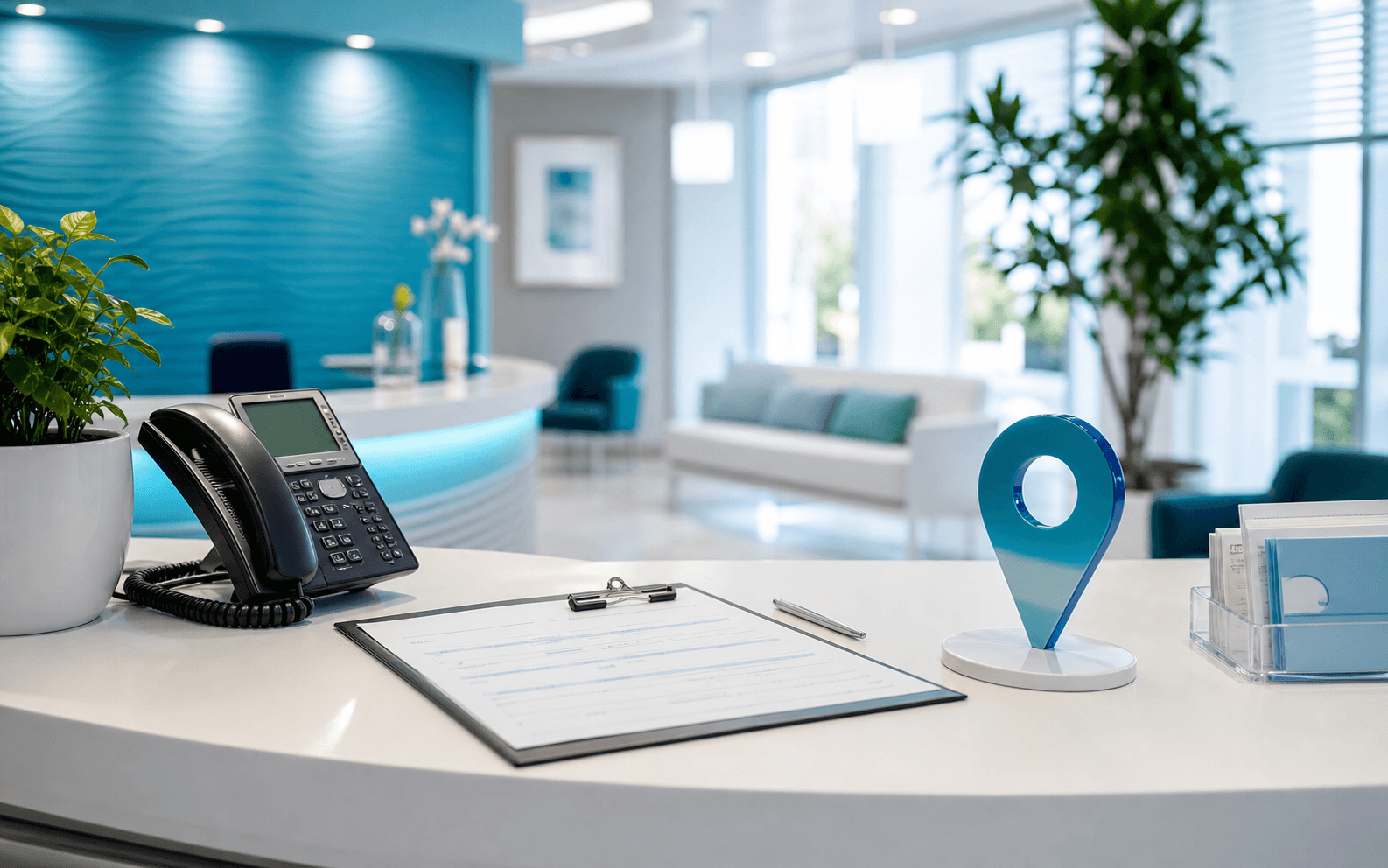 Dental clinic reception desk with phone, appointment form, and location marker