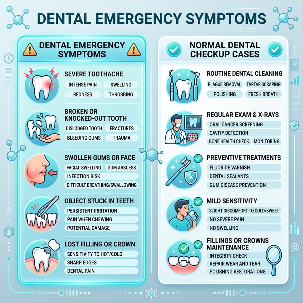 Chart outlining dental symptoms requiring urgent clinical care versus normal checkups